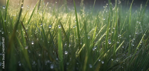 Wet green grass with drops of rain or dew, summer background, AI generation