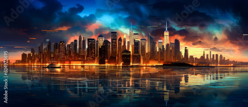 The Olympic city skyline in new York city at night  in the style of modern urban landscape  luminous reflections. Generative Ai Illustration.