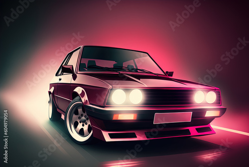 80s styled abstract retro car. Vintage automotive design in neon lights. Generated AI.