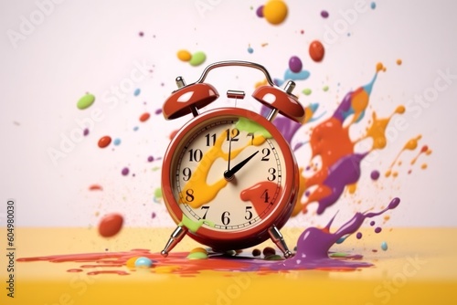  time concept, alarm clock exploding with colorful paint splashes, vibrant yellow and blue colors