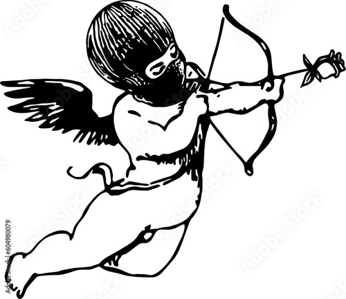 Fotografie, Tablou Flying cupid holding a bow and arrow made of a rose with a balaklava illustratio