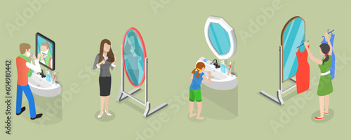 3D Isometric Flat Vector Set of People Next to the Mirror, Daily Routine