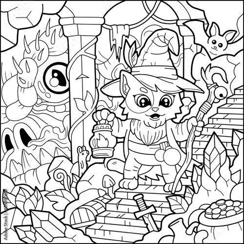 cute cartoon cat wizard coloring book