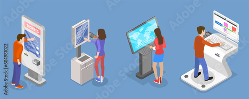3D Isometric Flat Vector Set of Ticket Kiosks, Self Service Terminals
