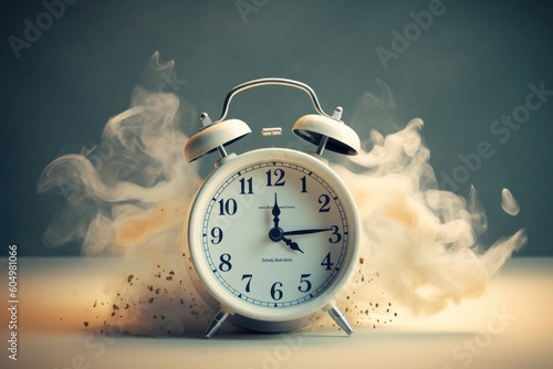 An energetic wake-up call, vintage alarm clock ringing and exploding into a flurry fragments dust