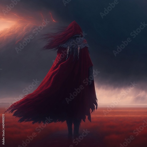 A hooded figure stands atop a windswept cliff, their cloak adorned with symbols of the four elements as they summon a powerful spell to control the natural forces around them