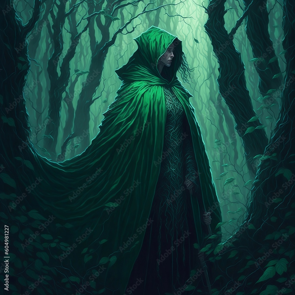 A figure in a shimmering cloak of emerald green stands in a forest ...