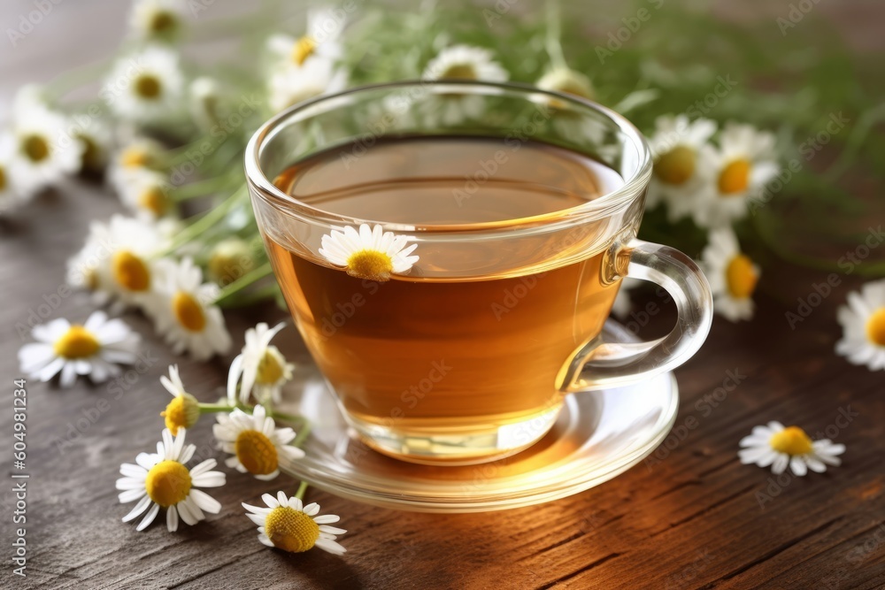A cup of chamomile tea with a teabag and chamomile flowers floating on the surface, representing relaxation, wellness, and herbal remedies. Generative Ai A cup of chamomile tea with a teabag and chamomile flowers floating on the surface, representing relaxation, wellness, and herbal remedies. Generative Ai