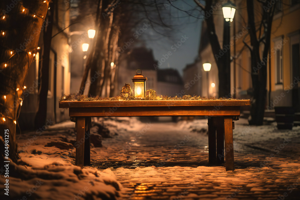 an old wooden table with a street of lights on it