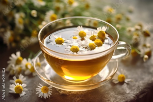 A cup of chamomile tea with a teabag and chamomile flowers floating on the surface, representing relaxation, wellness, and herbal remedies. Generative Ai