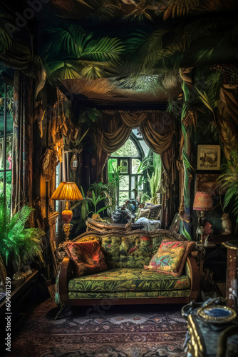 Generative AI illustration of Luxurious Rococo style dining room filled with green plants and artwork with antique furniture