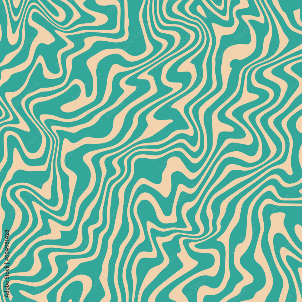 Abstract retro hypnotic wavy lines pattern. Trendy groovy square background. Marble liquid texture. Vintage distorted lines and swirls. Trippy hippie nostalgia design. Vector illustration