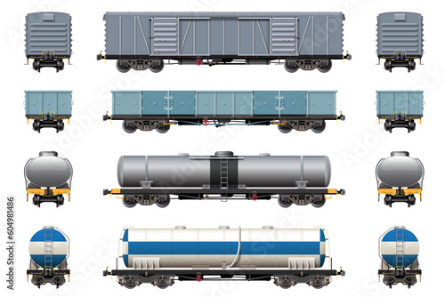 VECTOR EPS10 - various freight car, train cargo wagons,side view front and rear, isolated on white background.