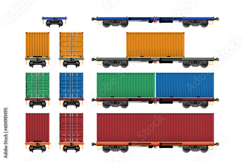 VECTOR EPS10 - various freight car, train cargo wagons, flatbed with container