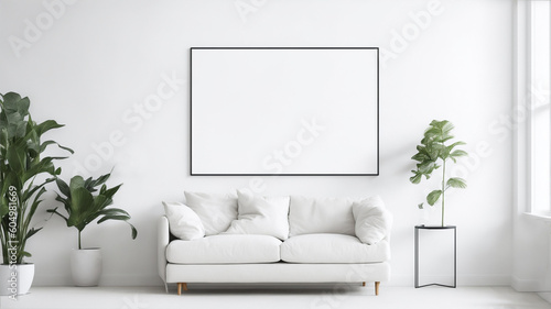 Blank horizontal poster frame mock up in minimal white style living room interior, modern living room interior background, generative ai