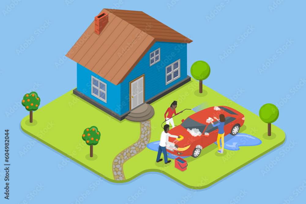 Fototapeta premium 3D Isometric Flat Vector Conceptual Illustration of Family Cleaning Automobile, Washing Car Outdoors