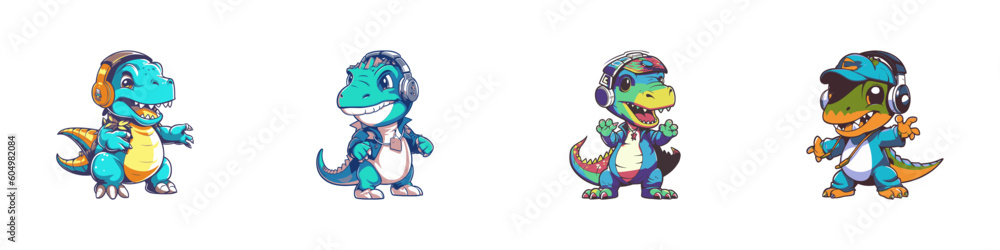 Naklejka premium Cartoon dinosaur wearing headphones. Vector illustration.