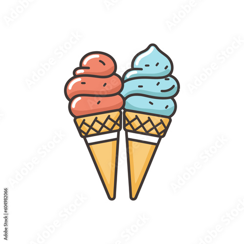Two ice cream cones on a cyan background. Cartoon vector illustration.