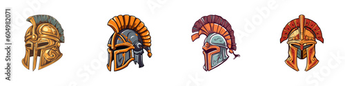 Cartoon gladiator helmet set. Vector illustration.
