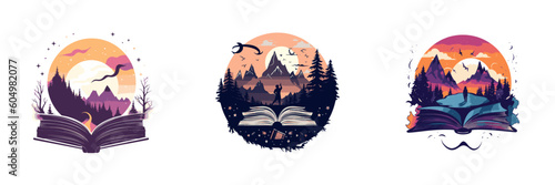 An open book with mountains and forest. Vector illustration.