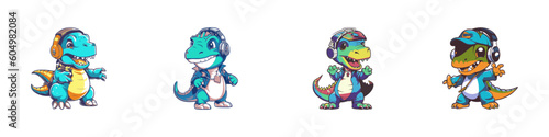 Cartoon dinosaur wearing headphones. Vector illustration.