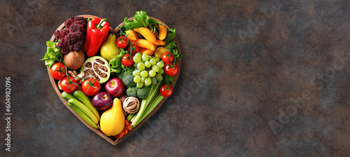 Fruits and vegetables in the shape of a heart, top view with copy space. Generative AI