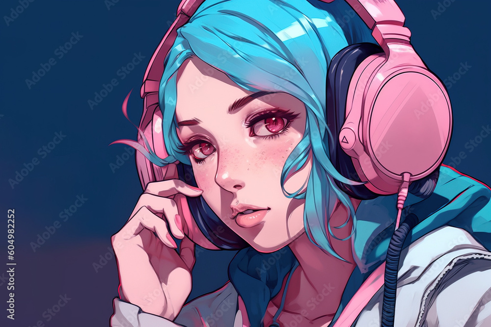 Anime girl with headphones. Stock Illustration | Adobe Stock