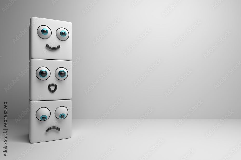A collection of cubes with various facial expressions of happiness, surprise, and sadness. Image with plenty of blank space to add copy or text. 3d render. A collection of cubes with various facial expressions of happiness, surprise, and sadness. Image with plenty of blank space to add copy or text. 3d render.
