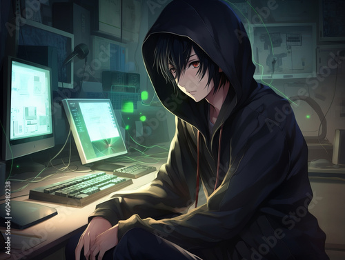 Hacker with computer, anime style cartoon. AI generated image.