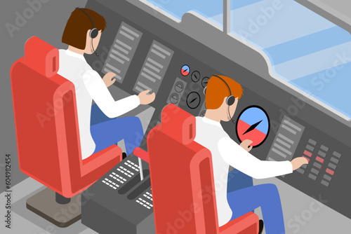 3D Isometric Flat Vector Conceptual Illustration of Airplane Cockpit, Pilots Cabin
