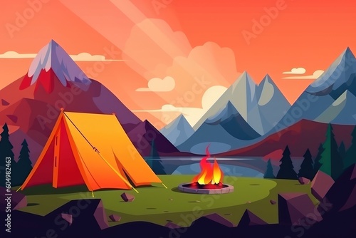 Mountain camping with tent and bonfire 