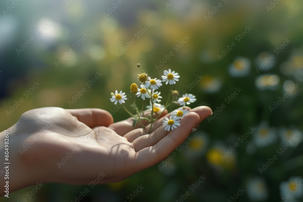 A hand holding a chamomile flower against a blurred natural background, depicting the human connection with nature and the healing properties of chamomile. Generative AI