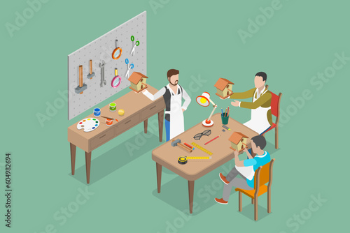 3D Isometric Flat Vector Conceptual Illustration of Carpenter Workshop, Woodwork Studio