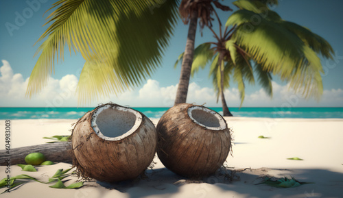 Coconut in the tropics, seaside bliss. Generative AI