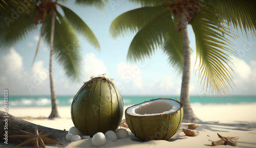 Coconut on tropical beach, soothing waves. Generative AI