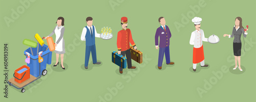 3D Isometric Flat Vector Set of Hotel Workers, Service Staff Characters