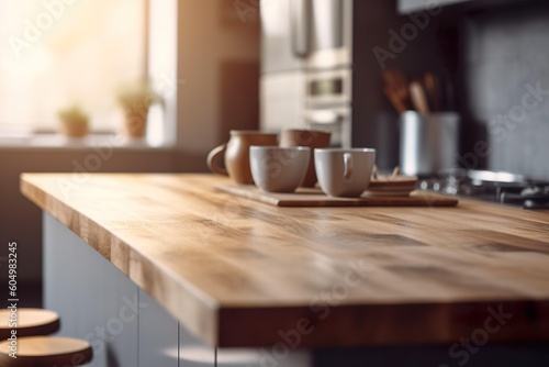 Wooden table in kitchen  out of focus kitchen background  IA generativa