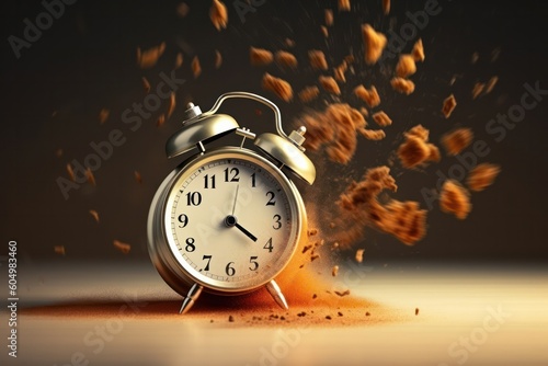 energetic wake-up moment, vintage alarm clock ringing and bursting apart into vibrant fragments