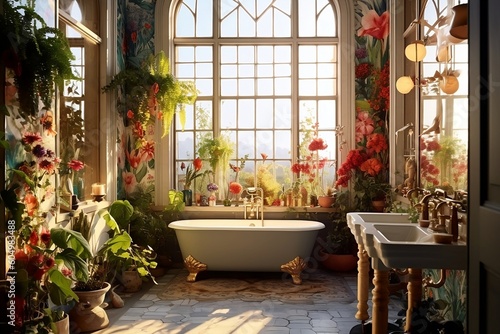 Generative AI illustration of a maximalist bathroom with floral designs.