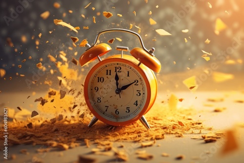 dynamic wake-up call, vintage alarm clock ringing and exploding into a burst pieces, sunlight