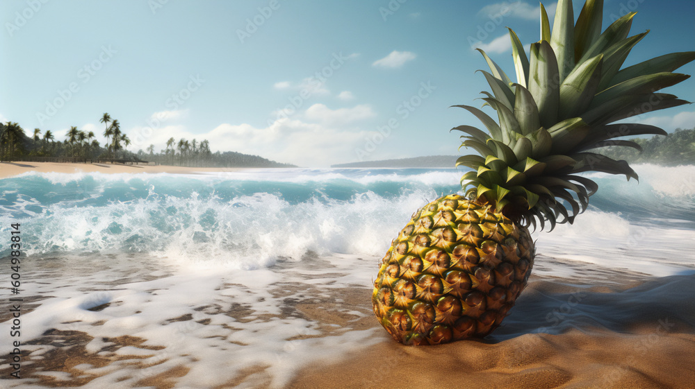 Illustration captures the essence of pineapple on the beach. Generative AI Illustration captures the essence of pineapple on the beach. Generative AI