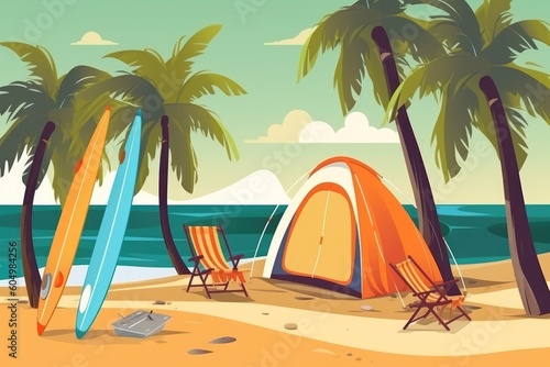 Summertime camping in tent on the beach. Palms and plants around stock illustration