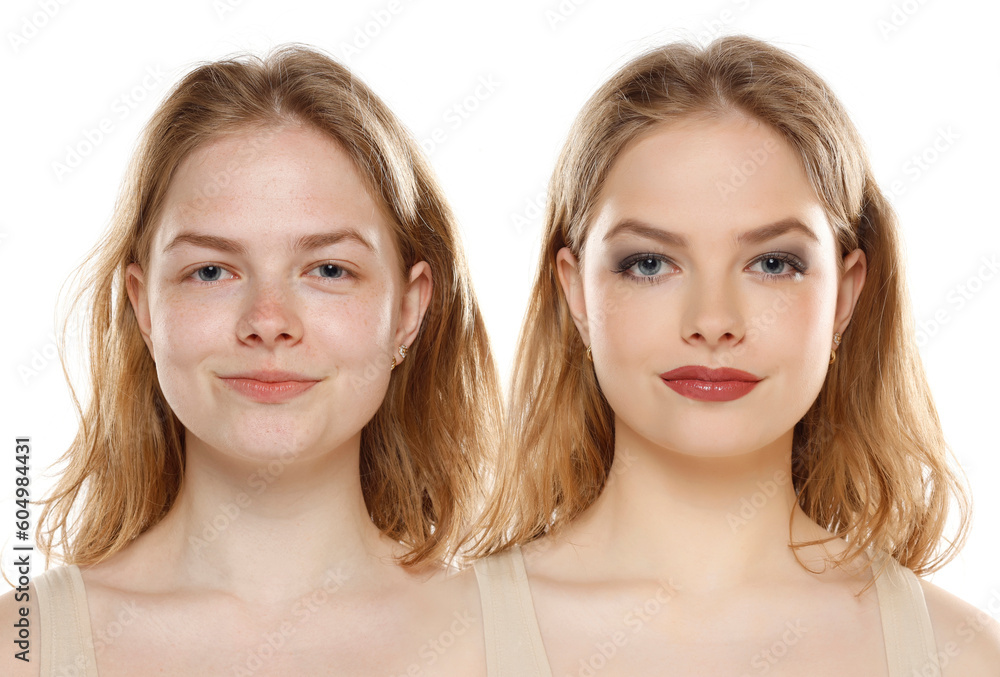 Comparison portrait of a blond young woman without and with makeup on a white background Comparison portrait of a blond young woman without and with makeup on a white background