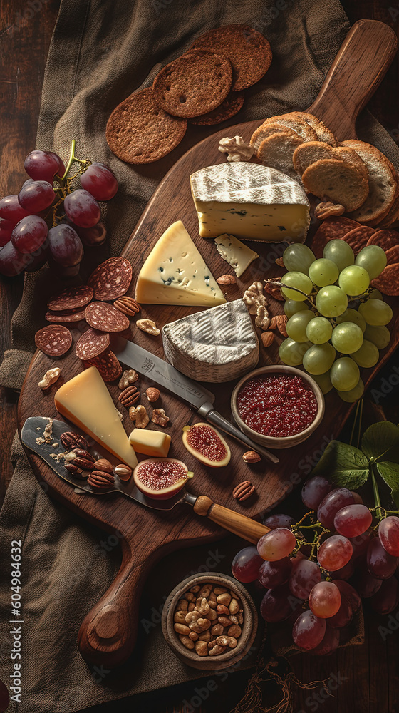 Tábua de queijos, com uvas e nozes, by AI.
