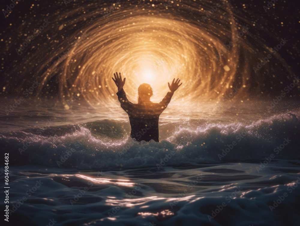 Mystical photograph showcasing a person with outstretched hands, surrounded by shimmering psychic waves, evoking a sense of spiritual connection, heightened intuition, and expanded consciousness