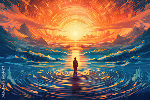 Digital artwork featuring a person meditating amidst a sea of radiant psychic waves, symbolizing the harmony and balance between mind, body, and spirit 