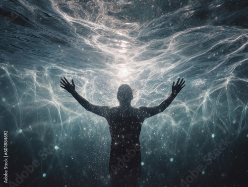 Mystical photograph showcasing a person with outstretched hands, surrounded by shimmering psychic waves, evoking a sense of spiritual connection, heightened intuition, and expanded consciousness