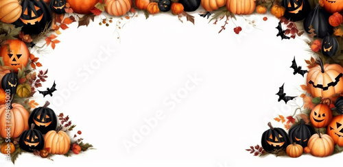 aquarelle halloween pumpkin frame with white copy space, ai generated