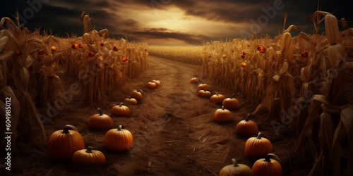 ai generated illustration of halloween pumpkins in the corn field, baker background