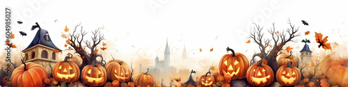 aquarelle halloween pumpkin banner with white copy space, ai generated